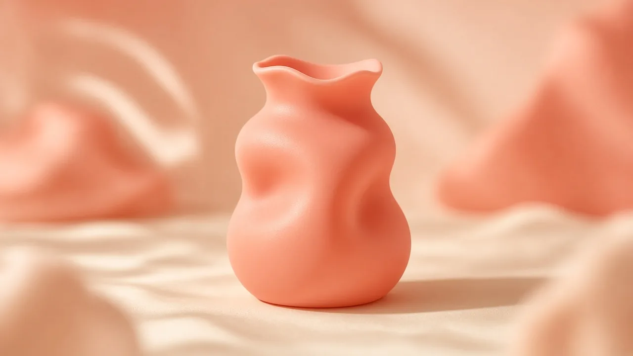Soft sculptural peach coral Sweenies bottle on cream cloth